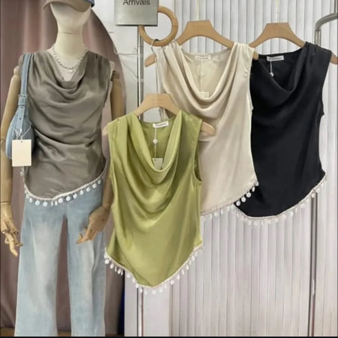 Satin Cowls Neck Sleeveless Shell Decor Tops